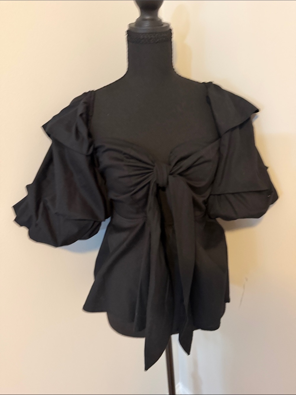 Auditions Black Tie-Front Puff Sleeve Blouse